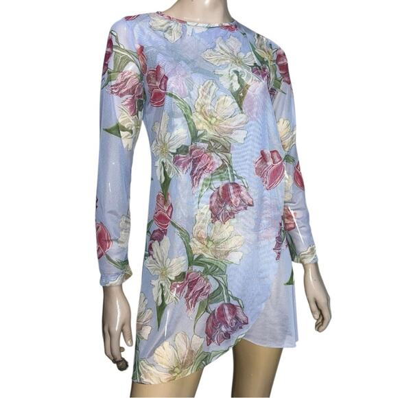 Ala Von Auersperg Diane NWT Sz S Blue Purple Tulips Floral Mesh Sheer Tunic Top - Picture 1 of 10